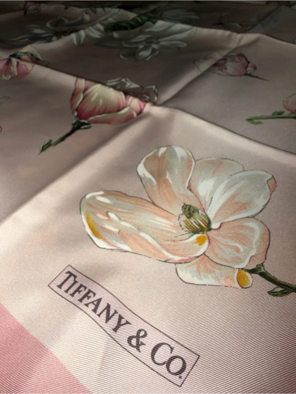 Tiffany & Co. Pink Floral Silk Scarf with Cream Blooms